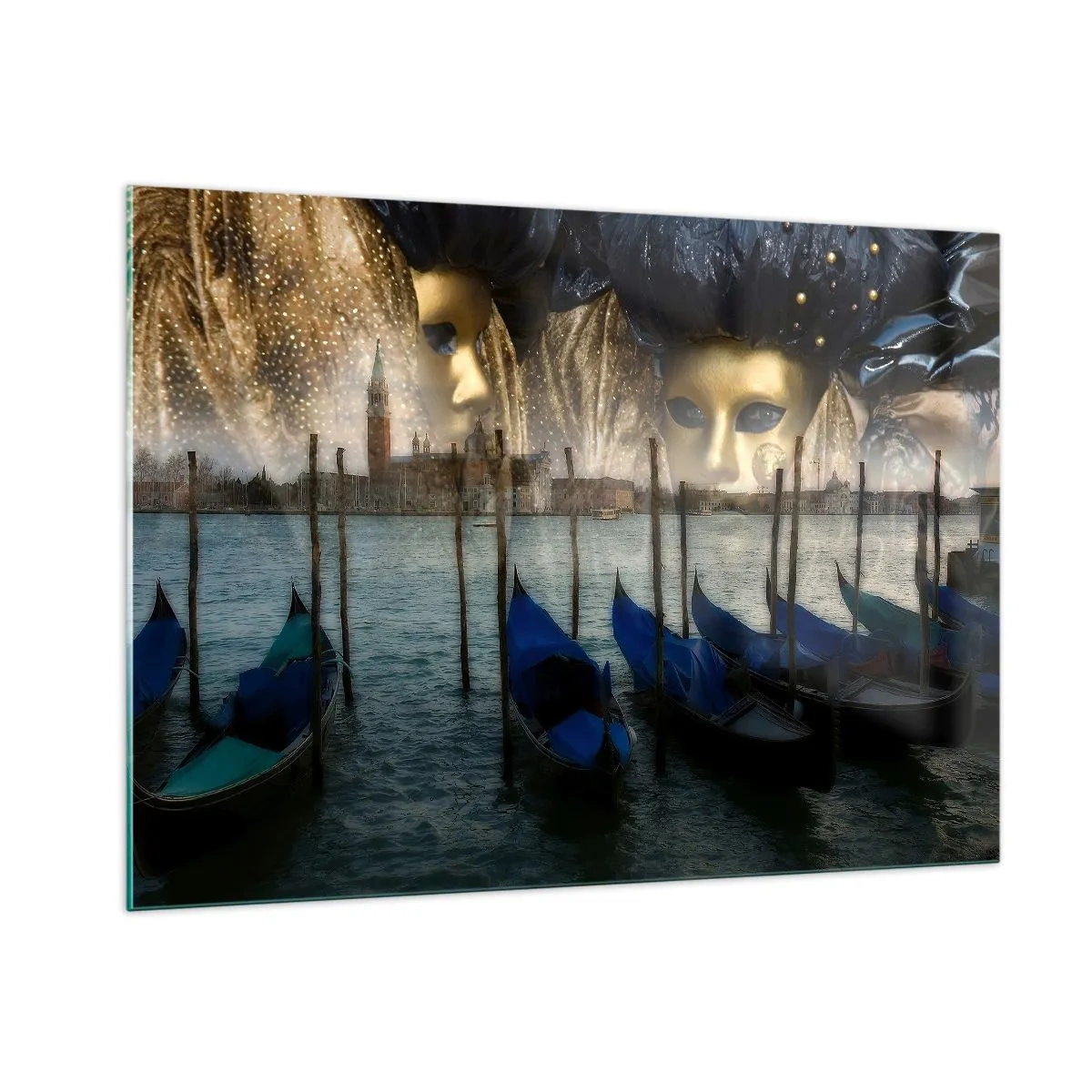 Glasbild - Bild auf glas - Venedig mit Gondeln und Karnevalsmasken - 100x70cm - Es ist Zeit, den Karneval zu starten - Moderne Wanddekoration für Wohnzimmer und Schlafzimmer ARTTOR