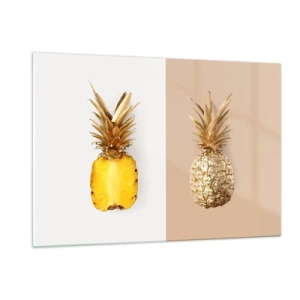 Glasbild - Bild auf glas - Eine in Scheiben geschnittene und goldene Ananas auf zwei kontrastierenden Hintergründen - 120x80cm - Ananas für uns - Moderne Wanddekoration für Wohnzimmer und Schlafzimmer ARTTOR