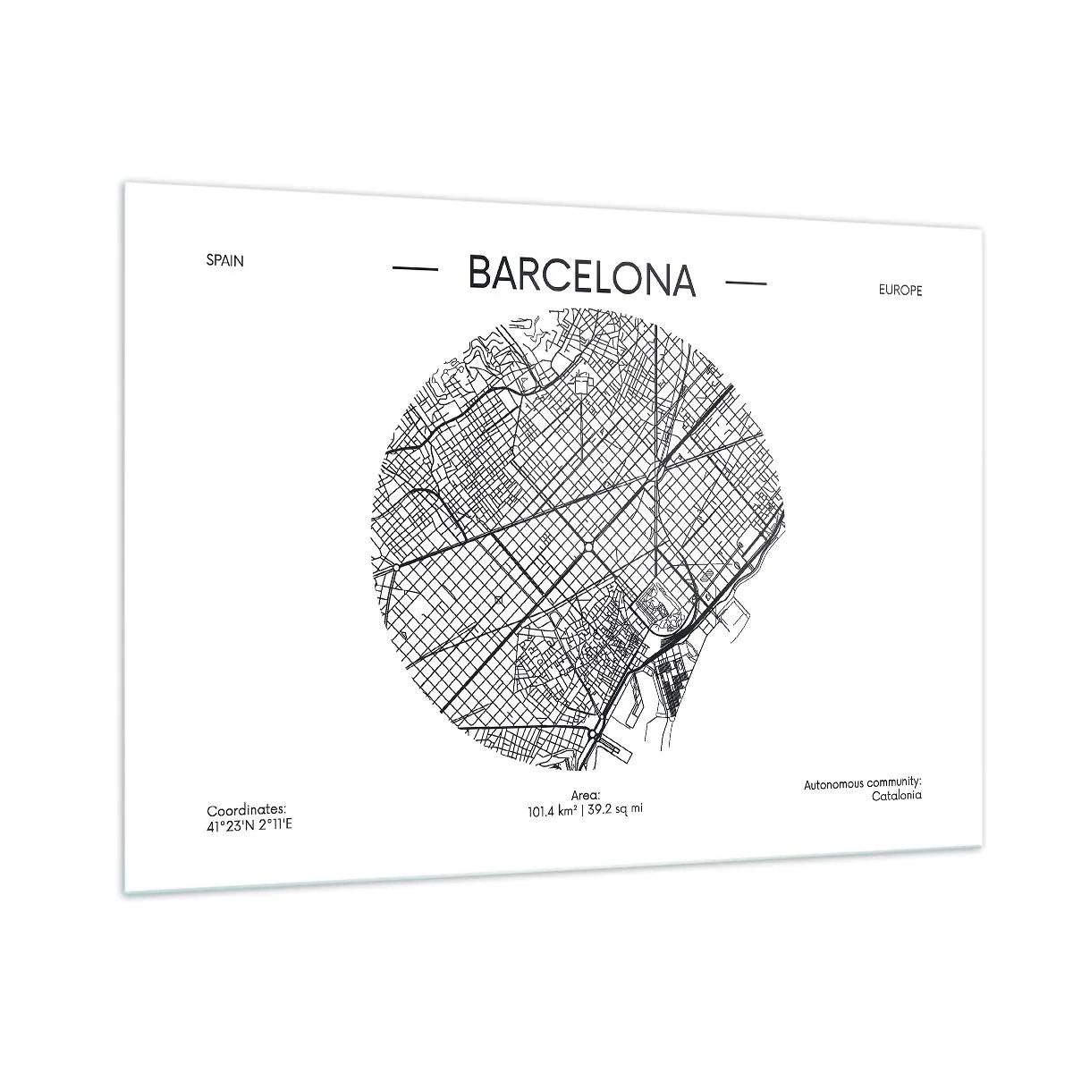 Glasbild - Bild auf glas - Eine minimalistische Karte von Barcelona in Schwarz-Weiß-Ästhetik - 100x70cm - Anatomie von Barcelona - Moderne Wanddekoration für Wohnzimmer und Schlafzimmer ARTTOR