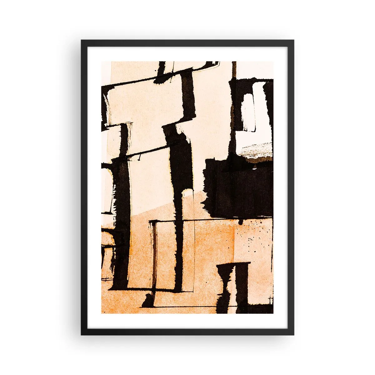 Poster in einem schwarzem Rahmen - Eine abstrakte Komposition aus geometrischen Formen in Beige- und Schwarztönen. - 50x70cm - Also doch Ordnung - Moderne Wanddekoration für Wohnzimmer und Schlafzimmer ARTTOR