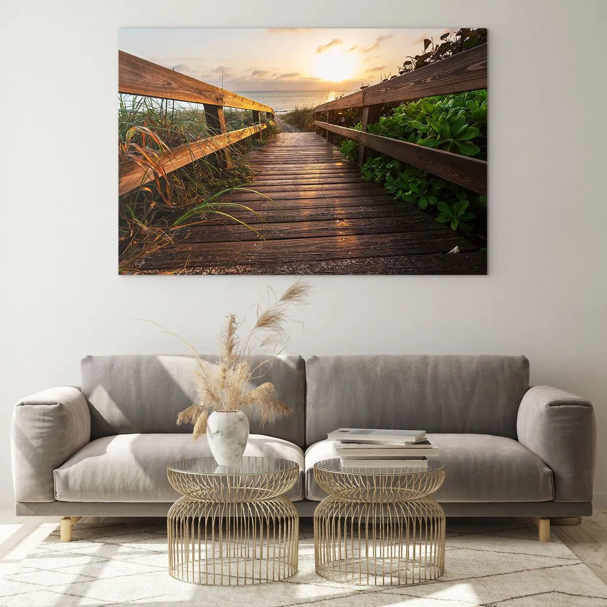 Glasbild - Bild auf glas - Holzsteg zum Strand bei Sonnenuntergang - 120x80cm - Und direkt ans Ufer - Moderne Wanddekoration für Wohnzimmer und Schlafzimmer ARTTOR