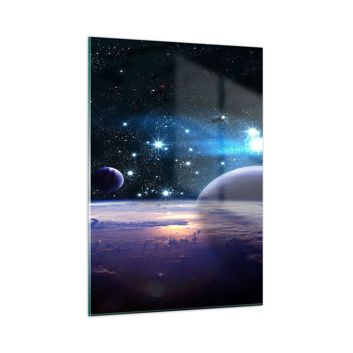 Glasbild - Bild auf glas - Eine Weltraumlandschaft mit Planeten und Sternen vor dem Hintergrund einer Galaxie. - 50x70cm - Noch allein? - Moderne Wanddekoration für Wohnzimmer und Schlafzimmer ARTTOR