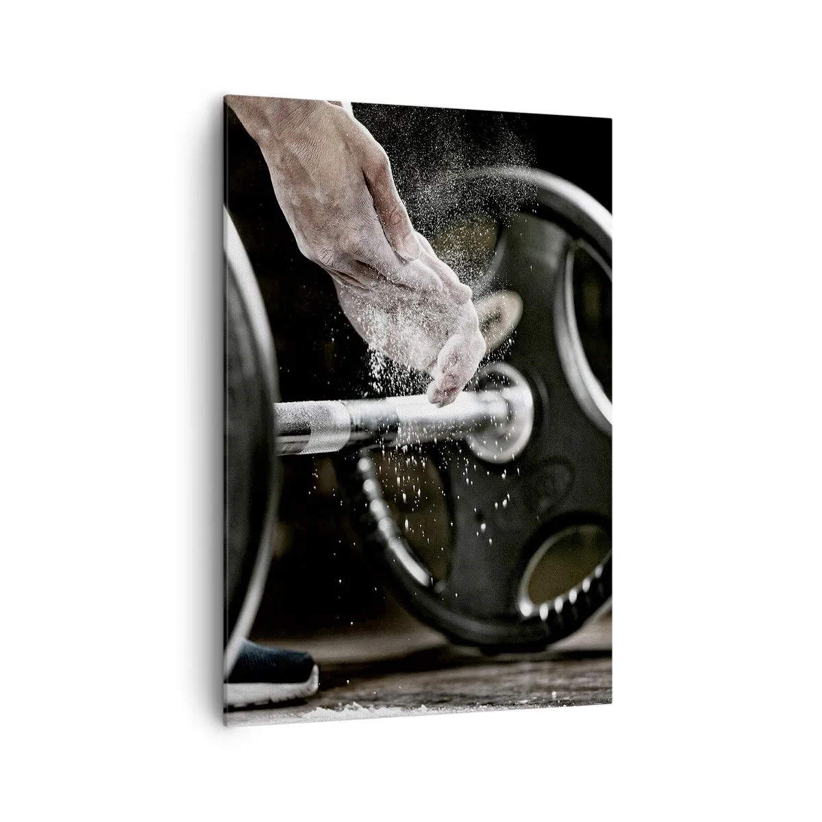 Bild auf Leinwand - Leinwandbild - Hanteln und die Hände eines Sportlers bereiten sich auf das Training vor - 70x100cm - Herausforderung angenommen! - Moderne Wanddekoration für Wohnzimmer und Schlafzimmer ARTTOR