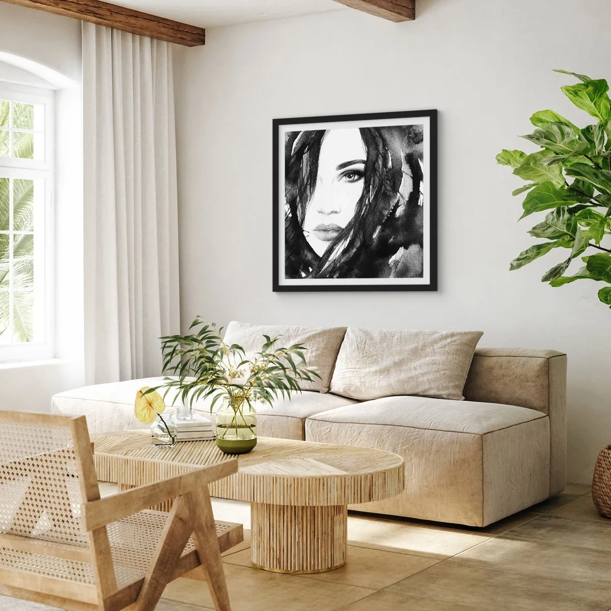 Poster in einem schwarzem Rahmen - Porträt einer Dame in Schwarzweiß - 30x30 cm