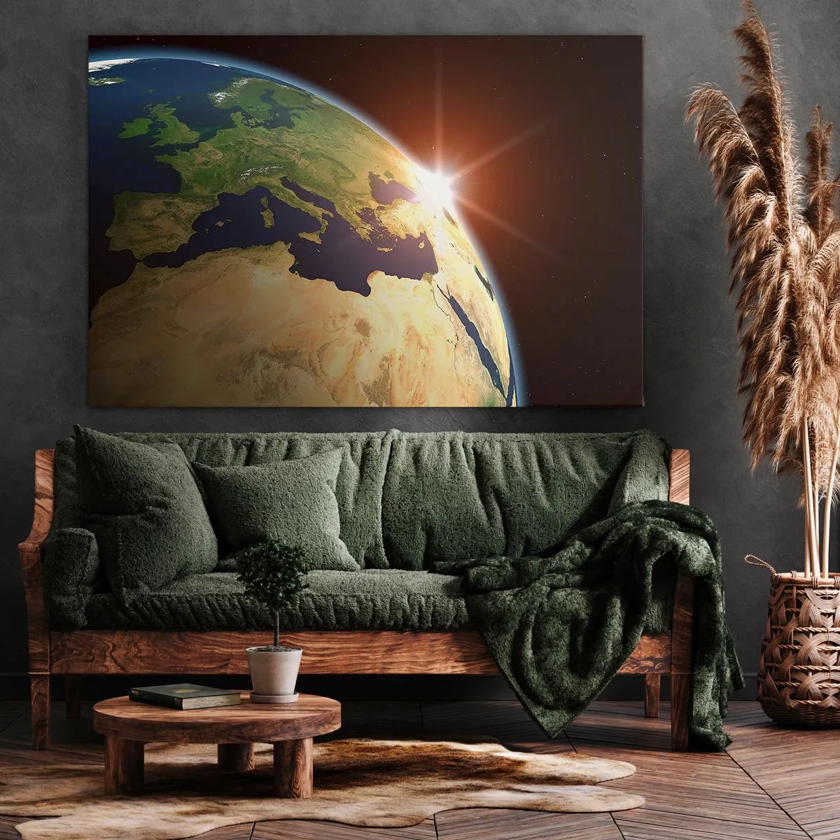Bild auf Leinwand - Leinwandbild - Blick auf die Erde aus dem Weltraum mit Sonnenstrahlen am Horizont - 70x50cm - Sonnenaufgang - Moderne Wanddekoration für Wohnzimmer und Schlafzimmer ARTTOR
