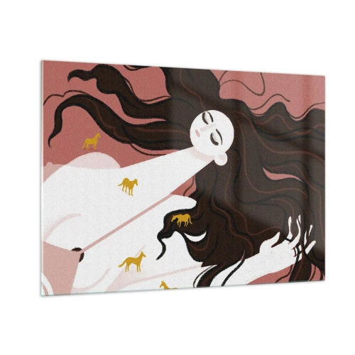Glasbild - Bild auf glas - Eine Frau mit langen Haaren und goldenen Pferden auf rosa Hintergrund. - 100x70cm - Traum von einem goldenen Pferd - Moderne Wanddekoration für Wohnzimmer und Schlafzimmer ARTTOR