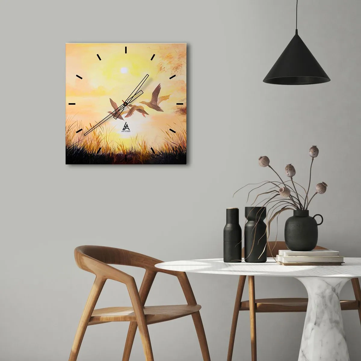 Wanduhr - Glasuhr - Enten fliegen bei Sonnenaufgang über den See - 30x30cm - Der Beginn einer langen Reise - Moderne Wanddekoration für Wohnzimmer und Schlafzimmer ARTTOR