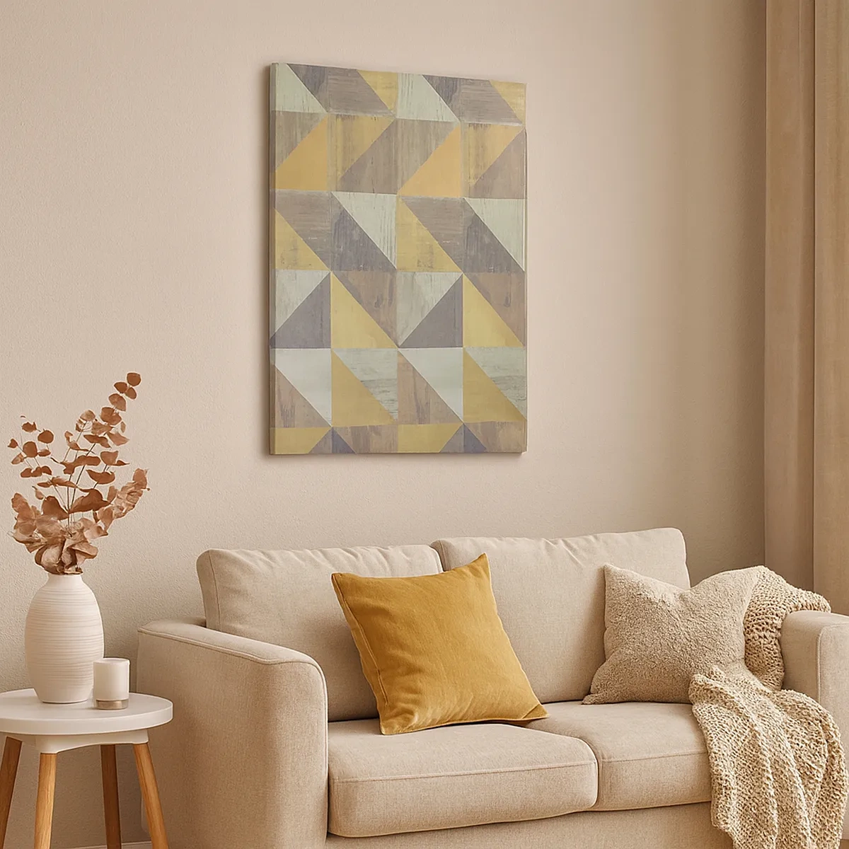 Bild auf Leinwand - Leinwandbild - Geometrische Komposition aus Dreiecken in erdigen Farbtönen - 50x70cm - Am Winkel des Dreiecks - Moderne Wanddekoration für Wohnzimmer und Schlafzimmer ARTTOR