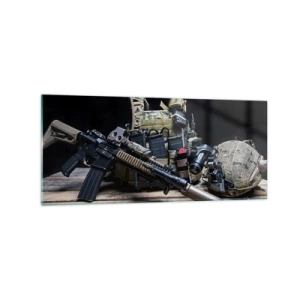 Glasbild - Bild auf glas - Taktische Ausrüstung mit einem Gewehr auf einem Holztisch - 120x50cm - Sich ausruhen! - Moderne Wanddekoration für Wohnzimmer und Schlafzimmer ARTTOR