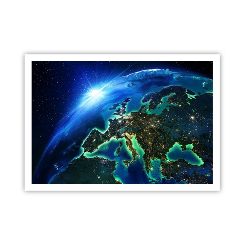 Poster - Ein Blick auf Europa aus dem Weltraum im Schein der aufgehenden Sonne. - 100x70cm - Funkelndes Europa - Moderne Wanddekoration für Wohnzimmer und Schlafzimmer ARTTOR