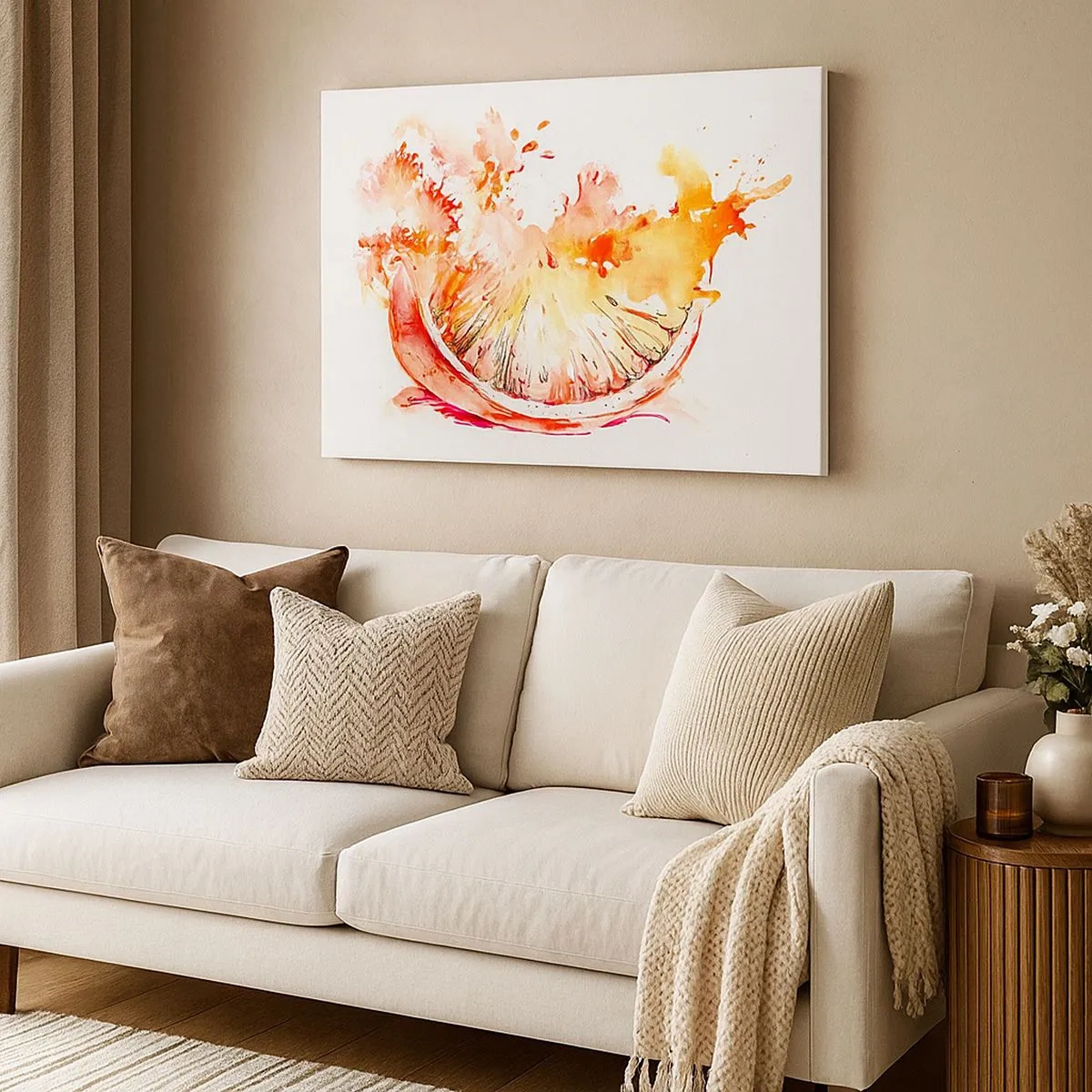Bild auf Leinwand - Leinwandbild - Eine Aquarellscheibe Grapefruit in leuchtenden Farben - 70x50cm - Saftige Erfrischung - Moderne Wanddekoration für Wohnzimmer und Schlafzimmer ARTTOR