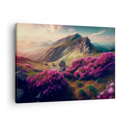 Bild auf Leinwand - Leinwandbild - Berglandschaft mit blühenden Rhododendren - 70x50cm - Sommer in den Bergen - Moderne Wanddekoration für Wohnzimmer und Schlafzimmer ARTTOR