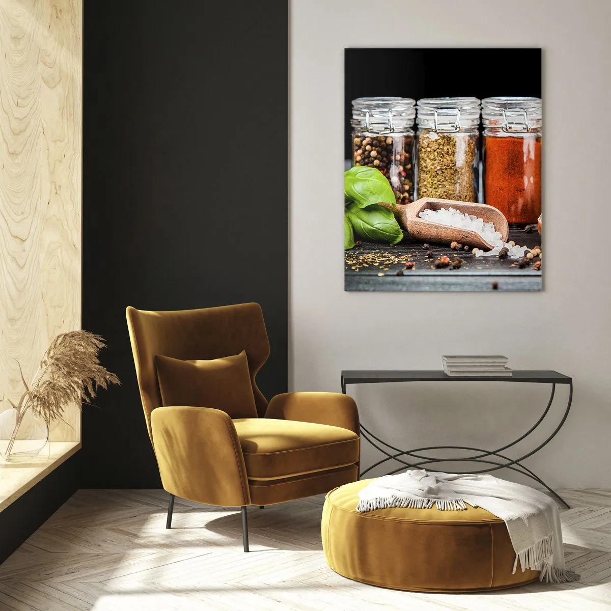 Glasbild - Bild auf glas - Kräuter und Gewürze in Gläsern auf dunklem Hintergrund - 80x120cm - Für einen Geschmack des Lebens - Moderne Wanddekoration für Wohnzimmer und Schlafzimmer ARTTOR
