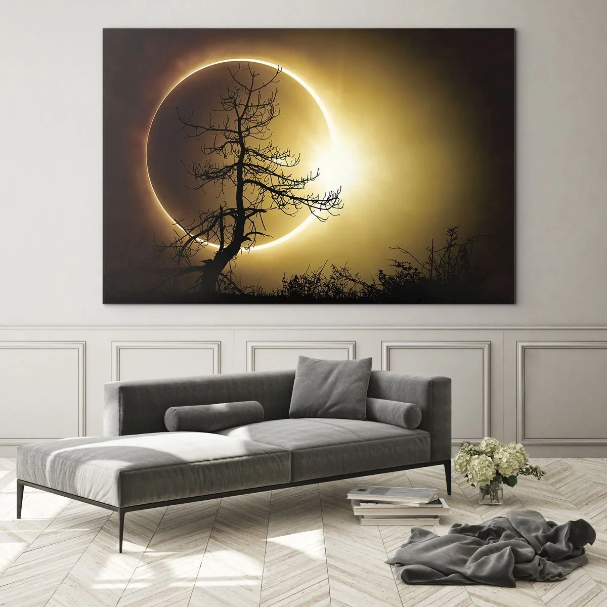 Glasbild - Bild auf glas - Sonnenfinsternis hinter dem Baum - 70x50cm - Totale Finsternis - Moderne Wanddekoration für Wohnzimmer und Schlafzimmer ARTTOR
