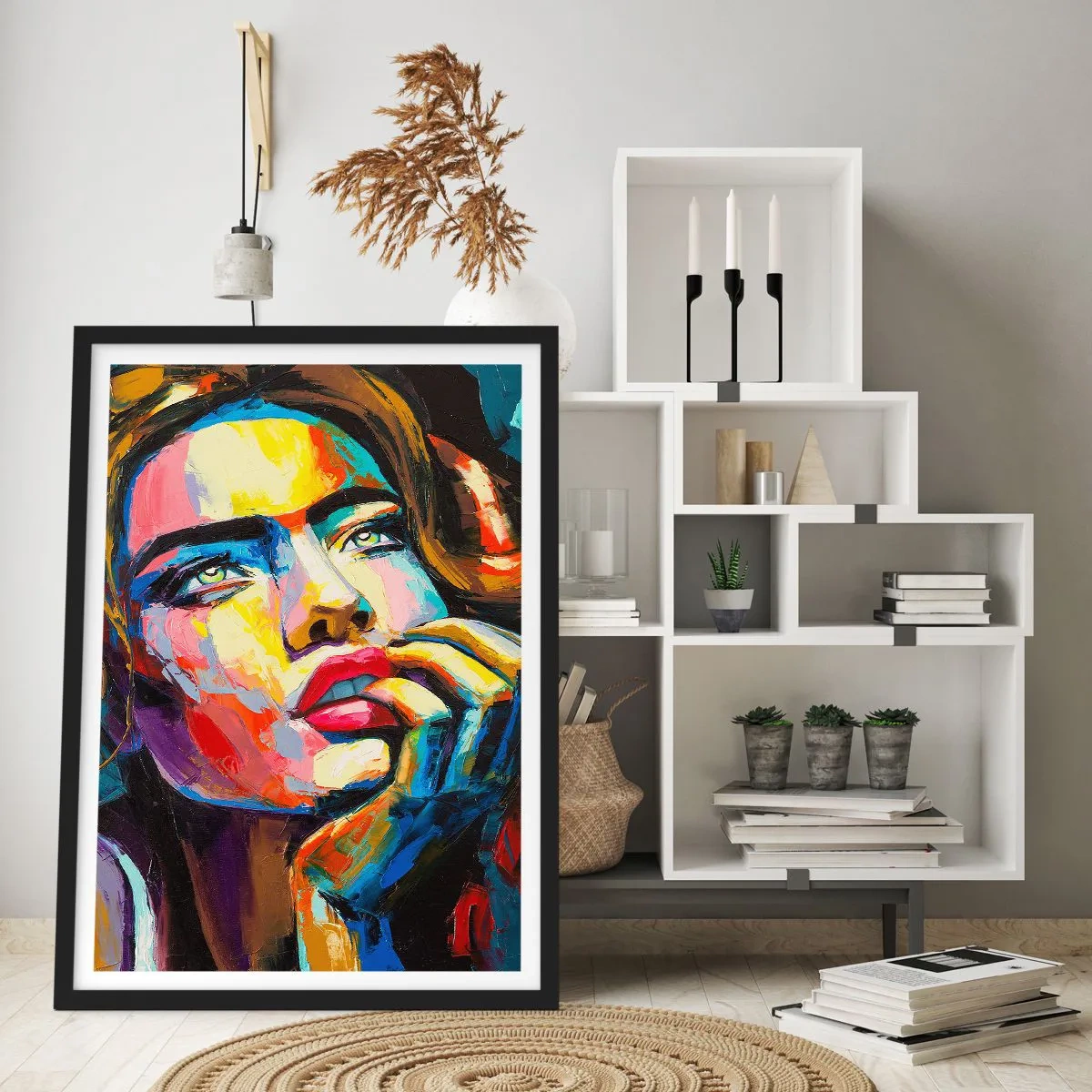 Poster in einem schwarzem Rahmen - Ein markantes, farbenfrohes Frauenporträt im ausdrucksstarken Stil. - 50x70cm - Träume fliegen am Himmel wie Vögel - Moderne Wanddekoration für Wohnzimmer und Schlafzimmer ARTTOR