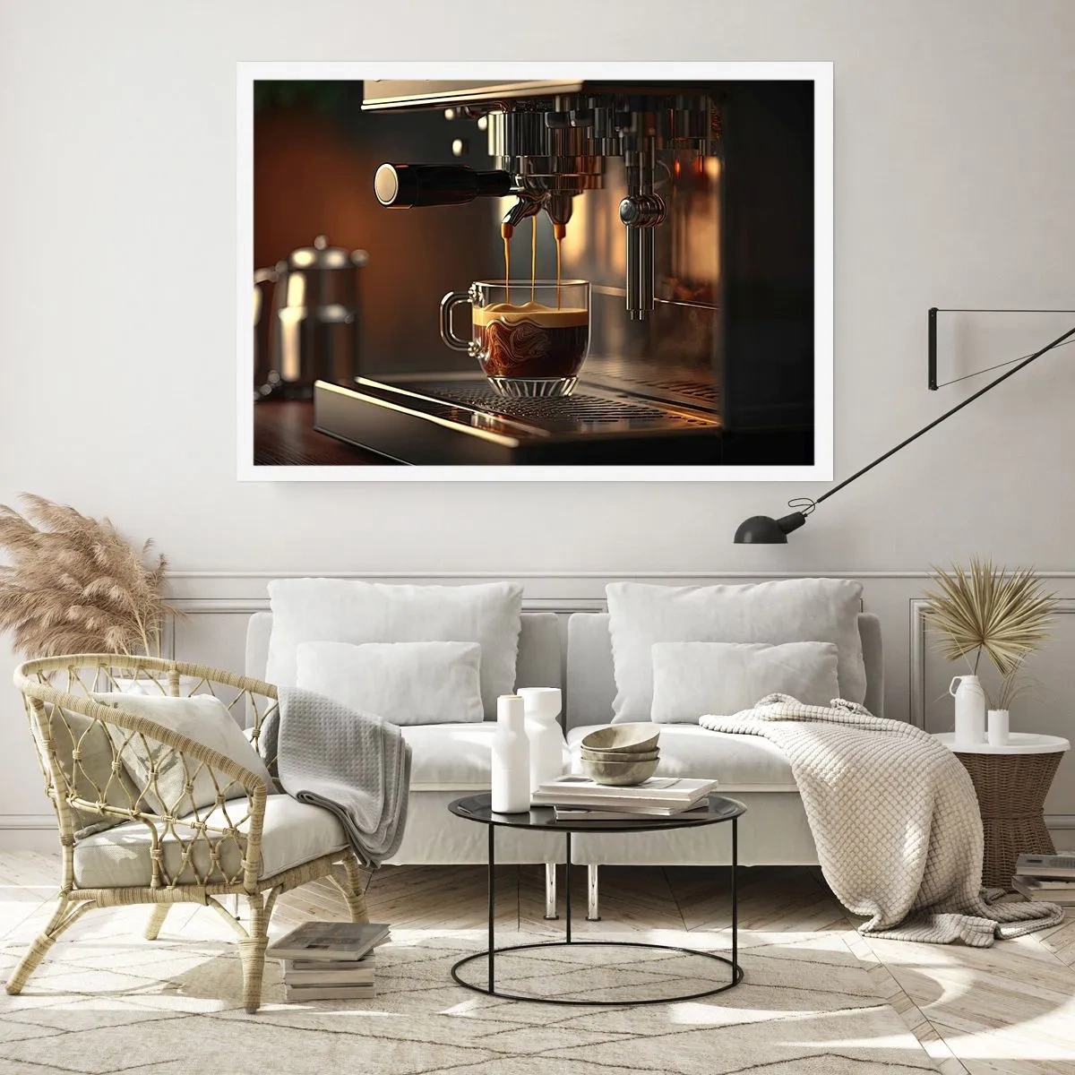 Poster - Kaffeemaschine mit einer Tasse aromatischem Espresso - 100x70cm - Sinnliche Mischung - Moderne Wanddekoration für Wohnzimmer und Schlafzimmer ARTTOR