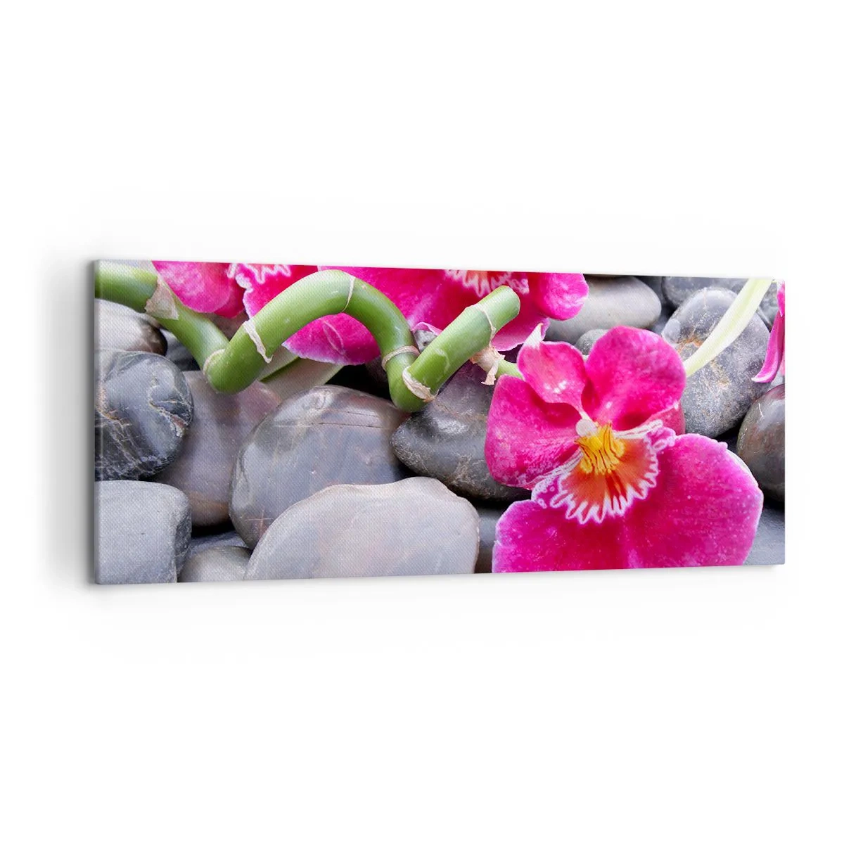 Bild auf Leinwand - Leinwandbild - Rosa Orchideen vor einem Hintergrund aus glatten Steinen - 120x50cm - Kühlen und erhitzen - Moderne Wanddekoration für Wohnzimmer und Schlafzimmer ARTTOR