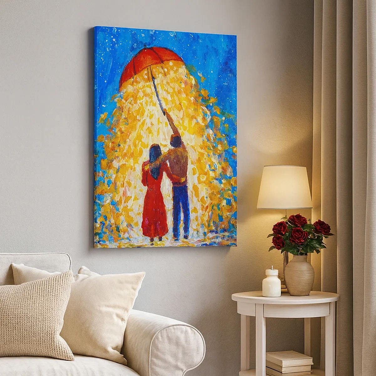 Bild auf Leinwand - Leinwandbild - Ein Paar unter einem roten Regenschirm im leuchtenden Regen - 50x70cm - Zauber eines Regenabends? - Moderne Wanddekoration für Wohnzimmer und Schlafzimmer ARTTOR