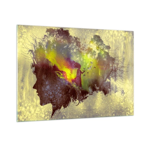 Glasbild - Bild auf glas - Das Gesichtsprofil einer Frau voller Natur und farbenfroher Effekte. - 100x70cm - Mutter Natur - Moderne Wanddekoration für Wohnzimmer und Schlafzimmer ARTTOR