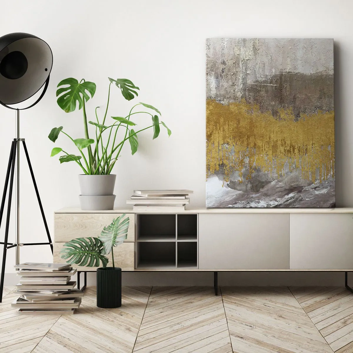 Bild auf Leinwand - Leinwandbild - Abstraktes Muster in Gold und Beige - 50x70cm - Goldene Explosion - Moderne Wanddekoration für Wohnzimmer und Schlafzimmer ARTTOR