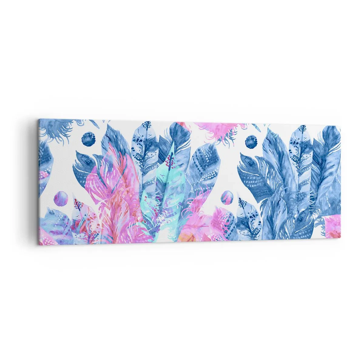 Bild auf Leinwand - Leinwandbild - Abstraktes Muster mit bunten Federn in Pastelltönen - 140x50cm - Pflaumen in Pink und Blau - Moderne Wanddekoration für Wohnzimmer und Schlafzimmer ARTTOR