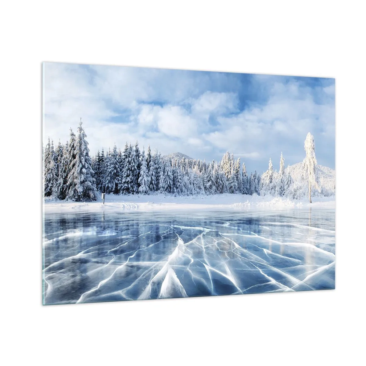 Glasbild - Bild auf glas - Ein zugefrorener See, umgeben von einem Winterwald - 100x70cm - Eine schillernde und kristallklare Aussicht - Moderne Wanddekoration für Wohnzimmer und Schlafzimmer ARTTOR