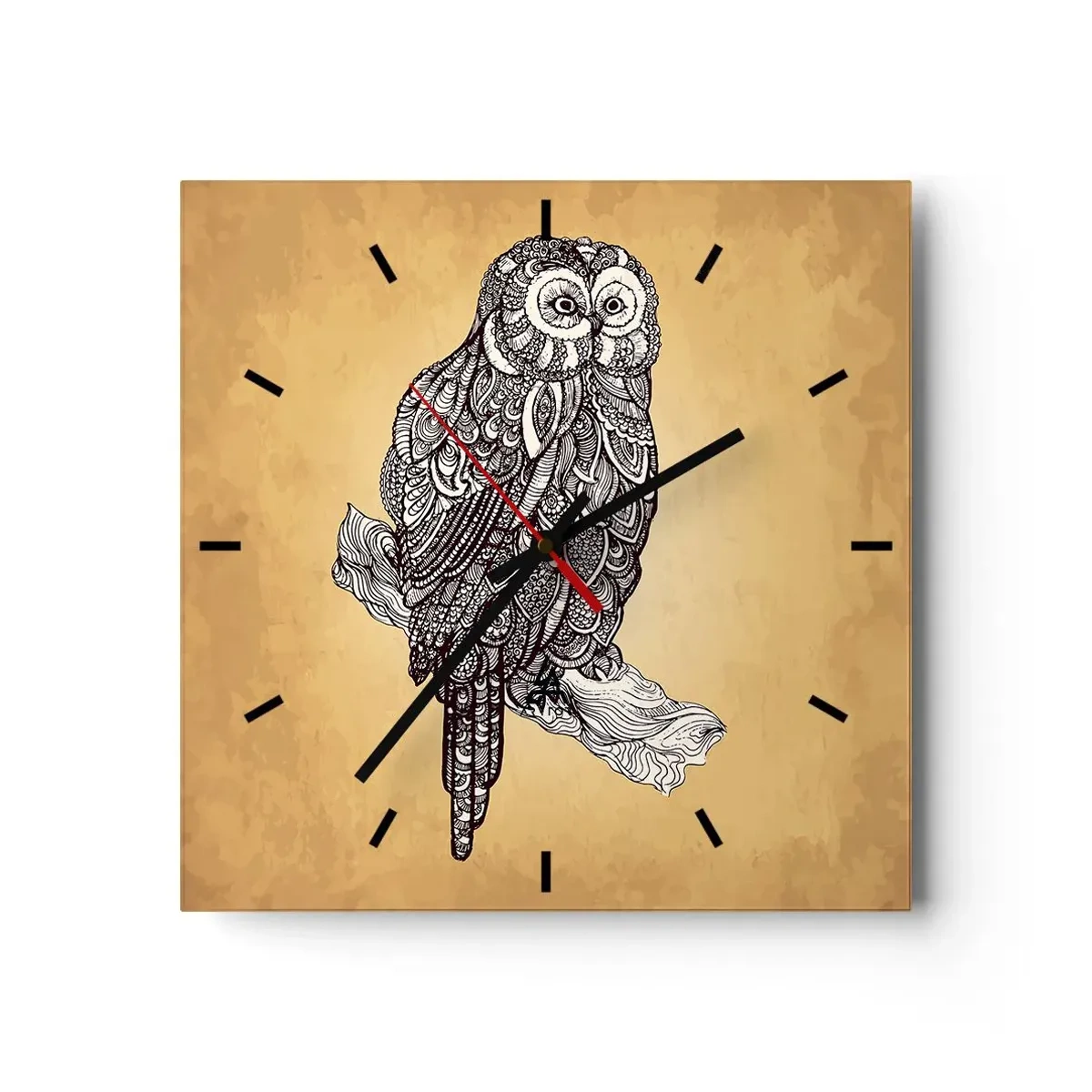 Wanduhr - Glasuhr - Eine Eule im Ornamentstil auf beigem Hintergrund - 30x30cm - Kunstvolle Ornamente der Weisheit - Moderne Wanddekoration für Wohnzimmer und Schlafzimmer ARTTOR