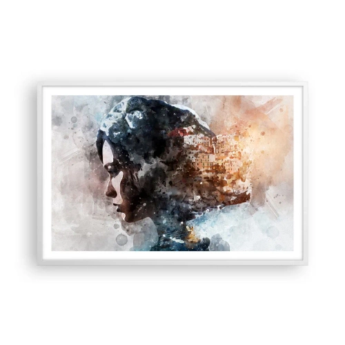 Poster in einem weißen Rahmen - Eine Geschichte über ein Mädchen mit einer Stadt im Hintergrund - 91x61 cm