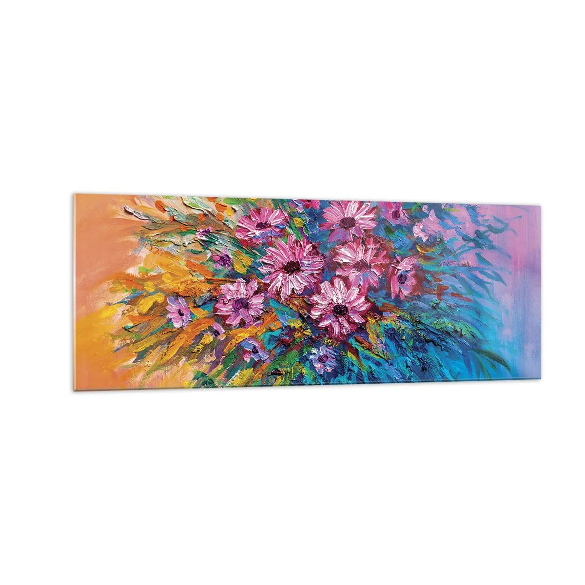 Glasbild - Bild auf glas - Bunte Blumen in einem Strauß vor pastellfarbenem Hintergrund - 140x50cm - Lebensenergie - Moderne Wanddekoration für Wohnzimmer und Schlafzimmer ARTTOR