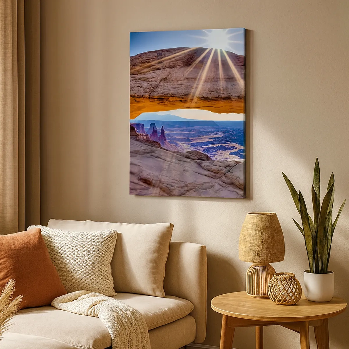 Bild auf Leinwand - Leinwandbild - Felsbogen mit Blick auf den Canyon bei Sonnenaufgang - 50x70cm - Durch das Felsentor - Moderne Wanddekoration für Wohnzimmer und Schlafzimmer ARTTOR