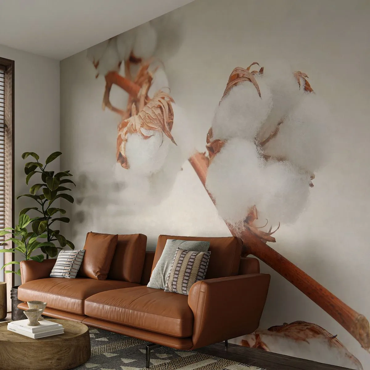 Fototapete Premium Sand - Nur umarmen - Baumwollblume, Blume, Baumwollzweig - 200x140 cm