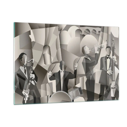 Glasbild - Bild auf glas - Stilisierte Jazzband-Bühne in monochromen Tönen - 120x80cm - Im Raum der Klänge - Moderne Wanddekoration für Wohnzimmer und Schlafzimmer ARTTOR