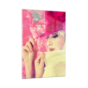 Glasbild - Bild auf glas - Illustration einer Frau mit einem rosa Hut und einer Blume im Hintergrund - 50x70cm - Retro-Porträt in einem rosa Nebel - Moderne Wanddekoration für Wohnzimmer und Schlafzimmer ARTTOR