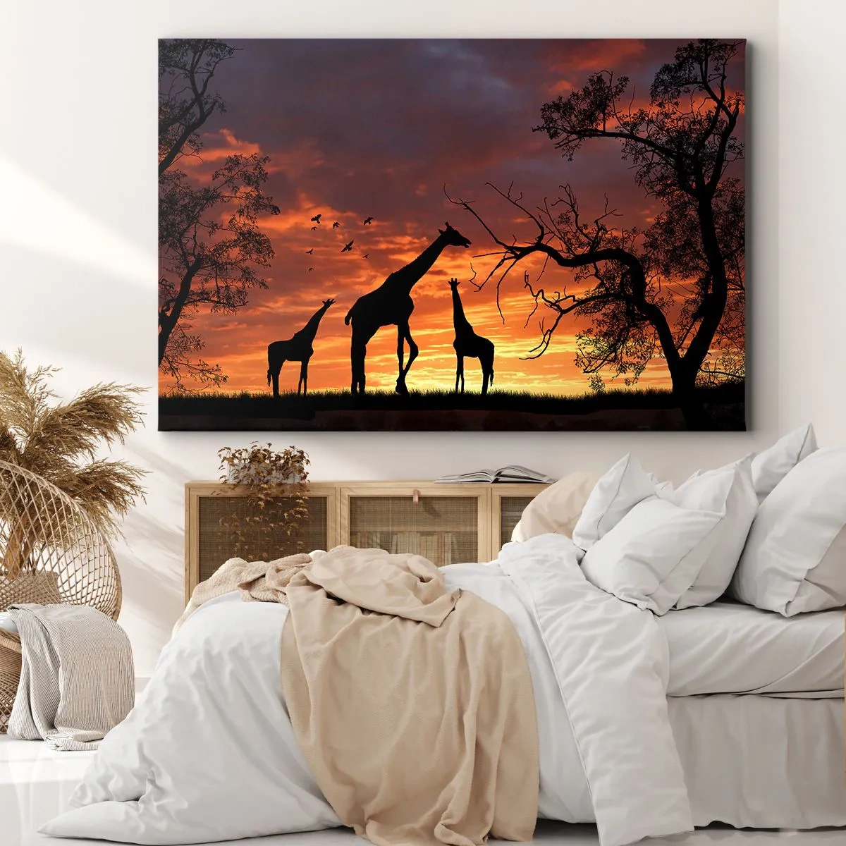 Bild auf Leinwand - Leinwandbild - Silhouetten von Giraffen vor dem Hintergrund des afrikanischen Sonnenuntergangs - 70x50cm - Ein kleines Abendessen mit deinen Liebsten - Moderne Wanddekoration für Wohnzimmer und Schlafzimmer ARTTOR