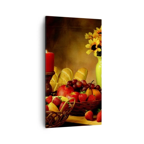 Bild auf Leinwand - Leinwandbild - Stillleben mit Brot und Obst - 45x80 cm