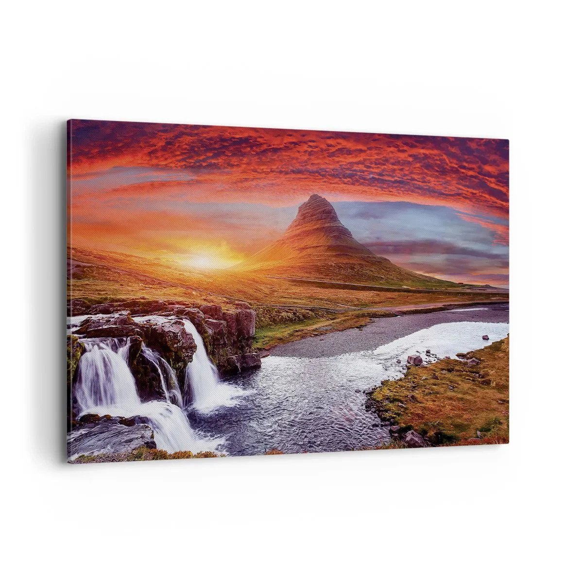 Bild auf Leinwand - Leinwandbild - Berglandschaft mit Wasserfall bei Sonnenuntergang - 100x70cm - Ein Blick auf Mittelerde - Moderne Wanddekoration für Wohnzimmer und Schlafzimmer ARTTOR