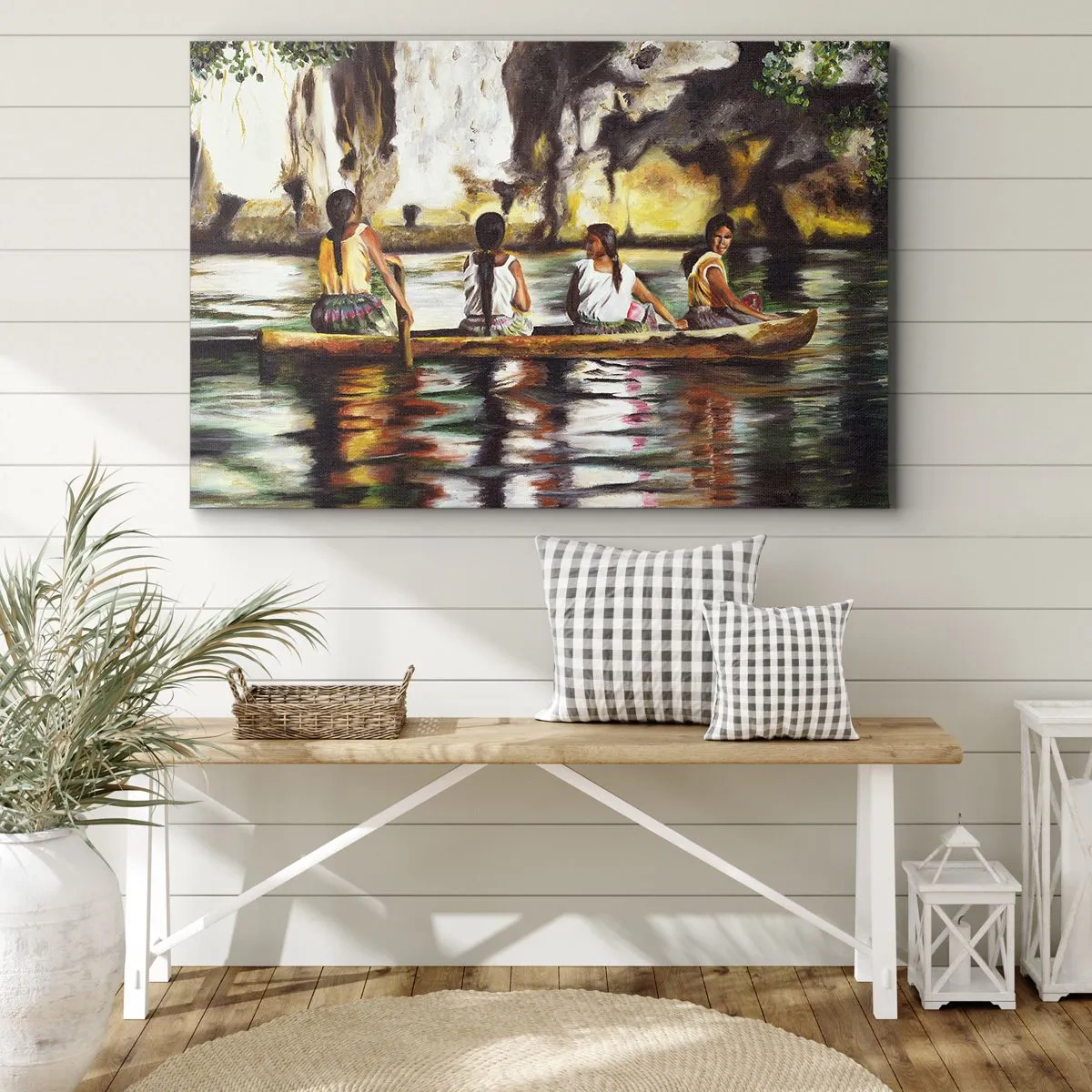 Bild auf Leinwand - Leinwandbild - Frauen in einem Boot auf einem ruhigen Fluss mit malerischer Kulisse - 100x70cm - In einem polynesischen Paradies - Moderne Wanddekoration für Wohnzimmer und Schlafzimmer ARTTOR
