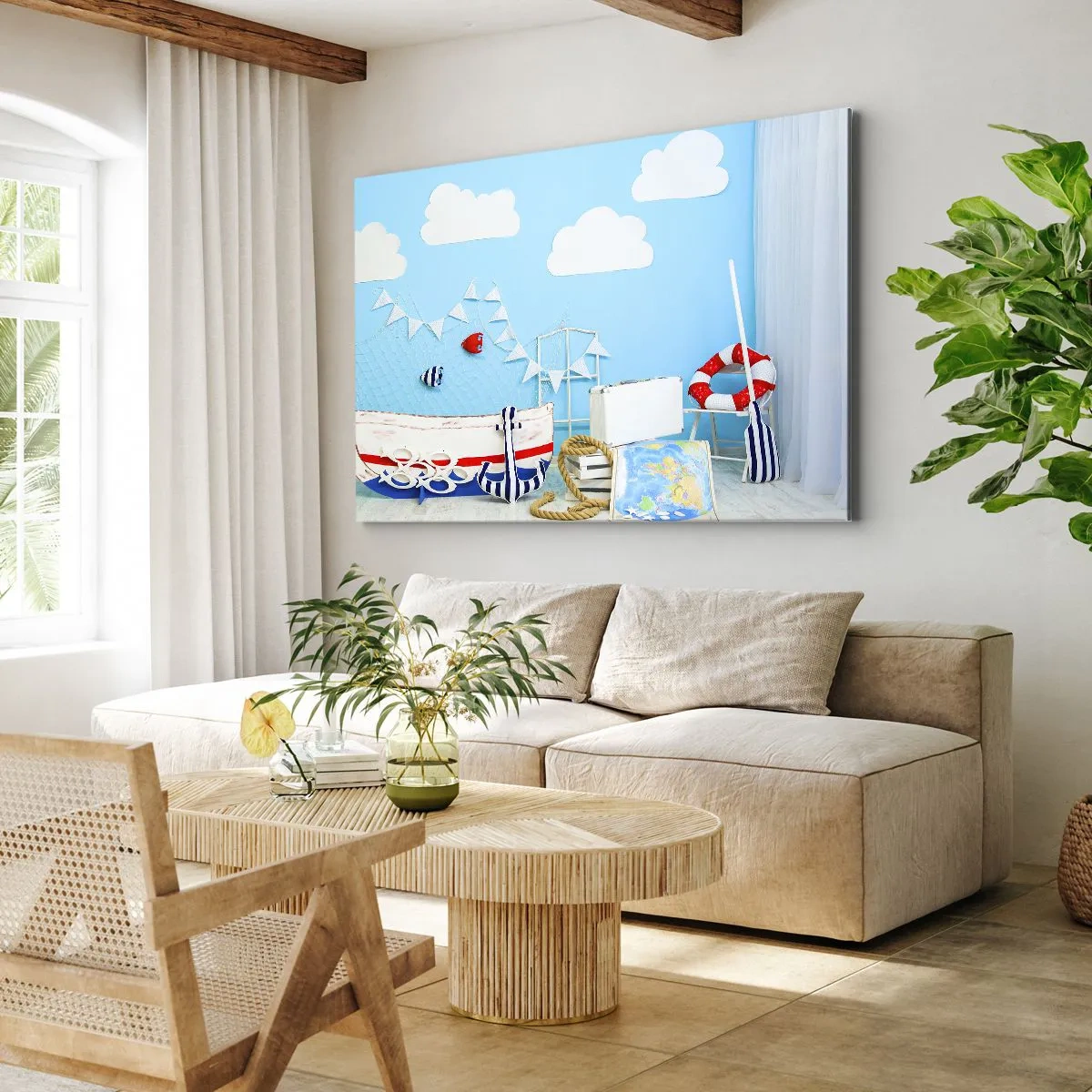 Bild auf Leinwand - Leinwandbild - Nautische Dekoration mit einem Boot und Zubehör auf blauem Hintergrund - 120x80cm - Die Sehnsucht eines Kindes nach Abenteuer - Moderne Wanddekoration für Wohnzimmer und Schlafzimmer ARTTOR