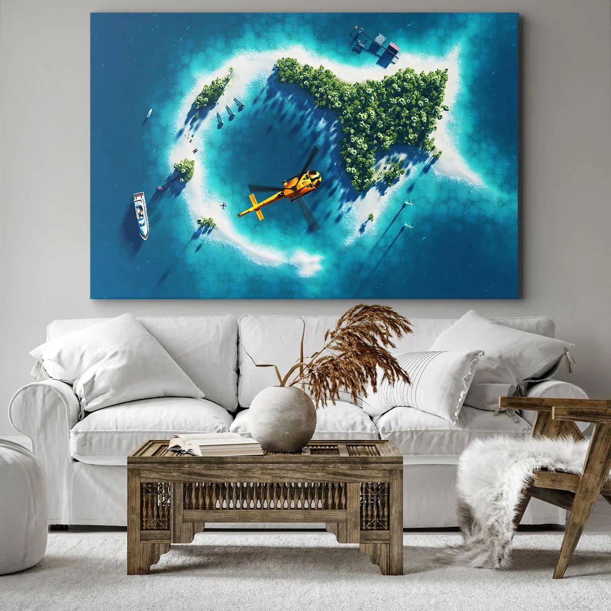 Bild auf Leinwand - Leinwandbild - Eine tropische Insel, umgeben von türkisfarbenem Wasser, mit einem Hubschrauber in Sicht - 70x50cm - Kauf dir eine Insel - Moderne Wanddekoration für Wohnzimmer und Schlafzimmer ARTTOR