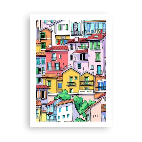 Poster - Bunte Mietshäuser im illustrativen Stil - 50x70cm - Lustige Stadt - Moderne Wanddekoration für Wohnzimmer und Schlafzimmer ARTTOR