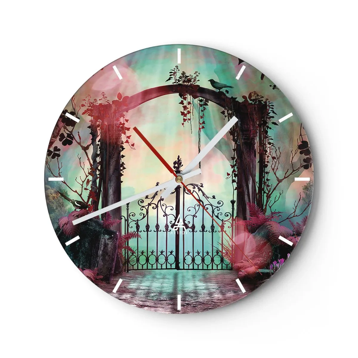Wanduhr - Glasuhr - Ein magisches Tor zwischen Pflanzen in einer märchenhaften Umgebung - 30x30cm - Geheimer Garten - Moderne Wanddekoration für Wohnzimmer, Küche und Schlafzimmer ARTTOR