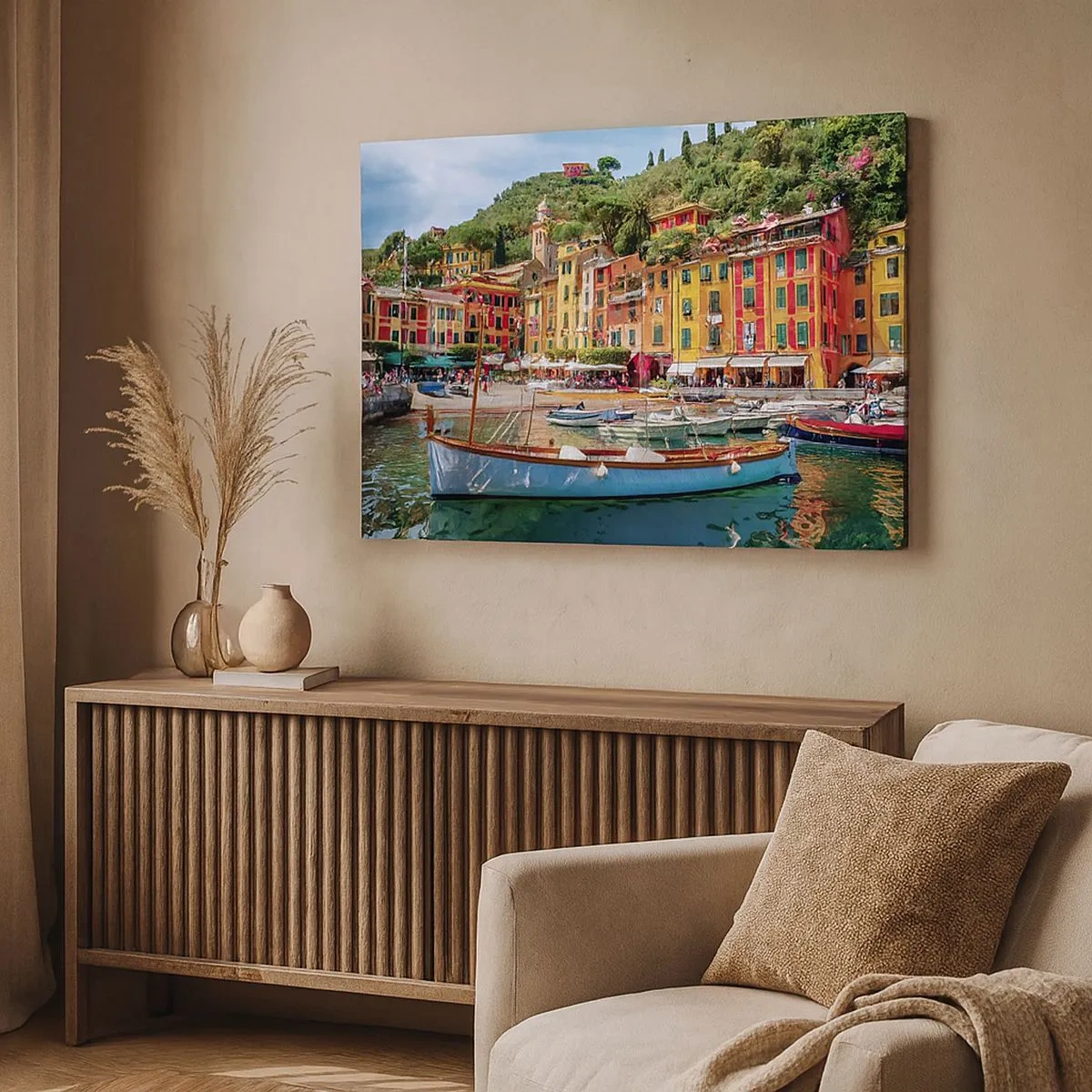 Bild auf Leinwand - Leinwandbild - Bunte Stadthäuser und Boote in einer italienischen Küstenstadt - 70x50cm - Italienischer Morgen - Moderne Wanddekoration für Wohnzimmer und Schlafzimmer ARTTOR