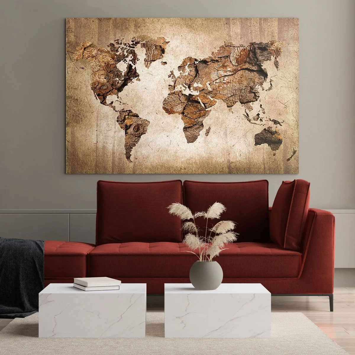 Glasbild - Bild auf glas - Eine Weltkarte in Brauntönen, die Holz imitieren - 120x80cm - Entdeckung der Welt - Moderne Wanddekoration für Wohnzimmer und Schlafzimmer ARTTOR