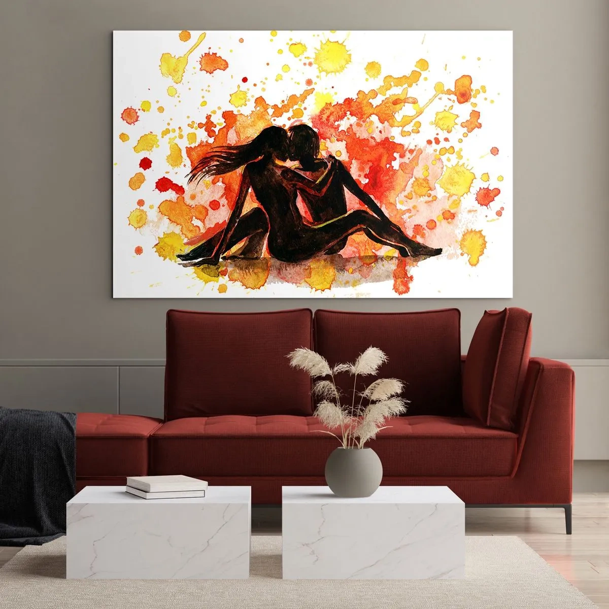 Glasbild - Bild auf glas - Silhouette eines Paares vor einem Hintergrund aus bunten Aquarellflecken - 120x80cm - Und es war Licht - Moderne Wanddekoration für Wohnzimmer und Schlafzimmer ARTTOR