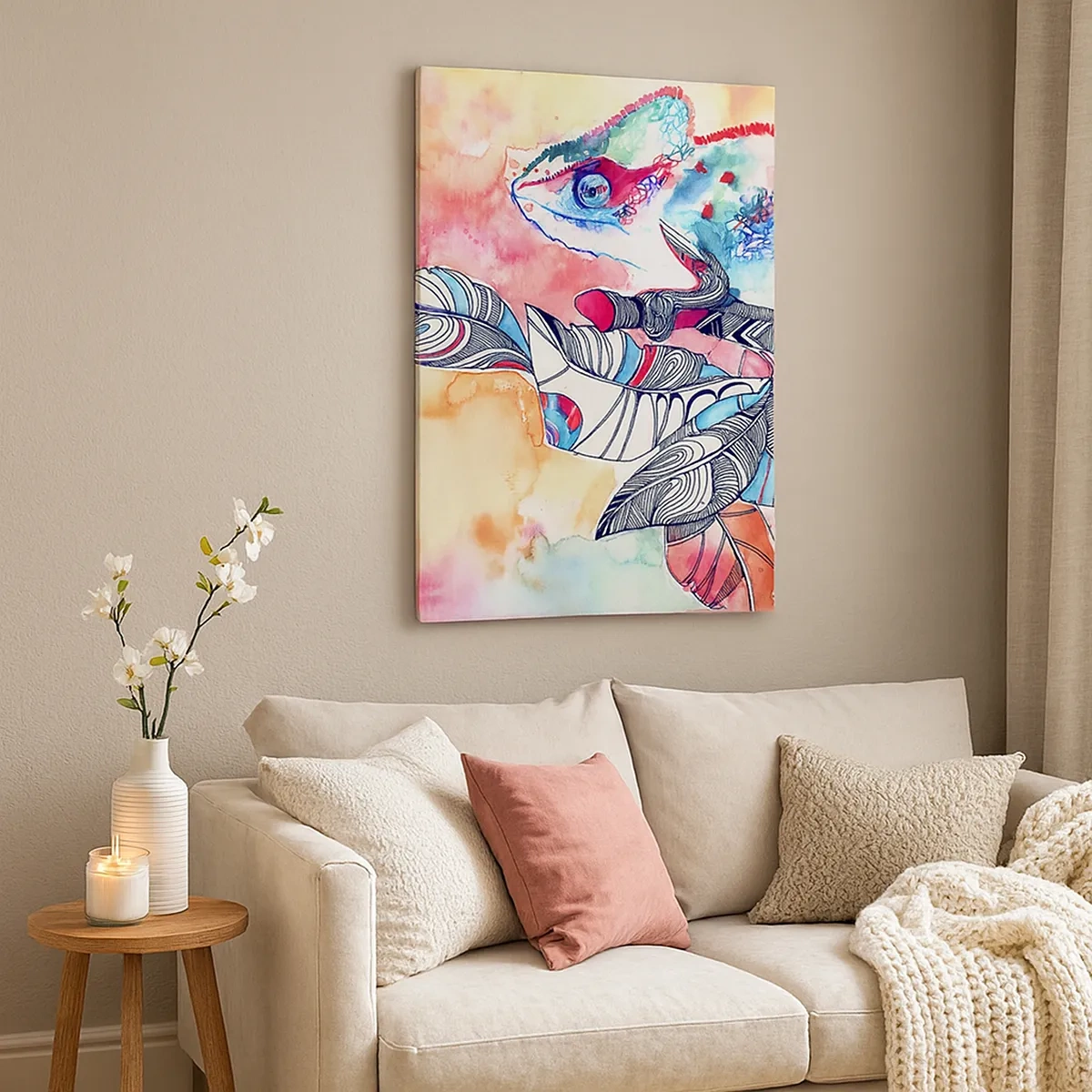 Bild auf Leinwand - Leinwandbild - Buntes Chamäleon auf abstraktem Blätterhintergrund - 50x70cm - So bunt wie unsere Welt - Moderne Wanddekoration für Wohnzimmer und Schlafzimmer ARTTOR