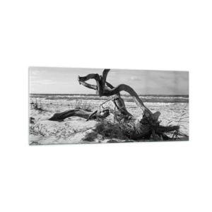 Glasbild - Bild auf glas - Schwarz-weiße Landschaft mit einem toten Baum am Strand - 120x50cm - Meeresskulptur - Moderne Wanddekoration für Wohnzimmer und Schlafzimmer ARTTOR