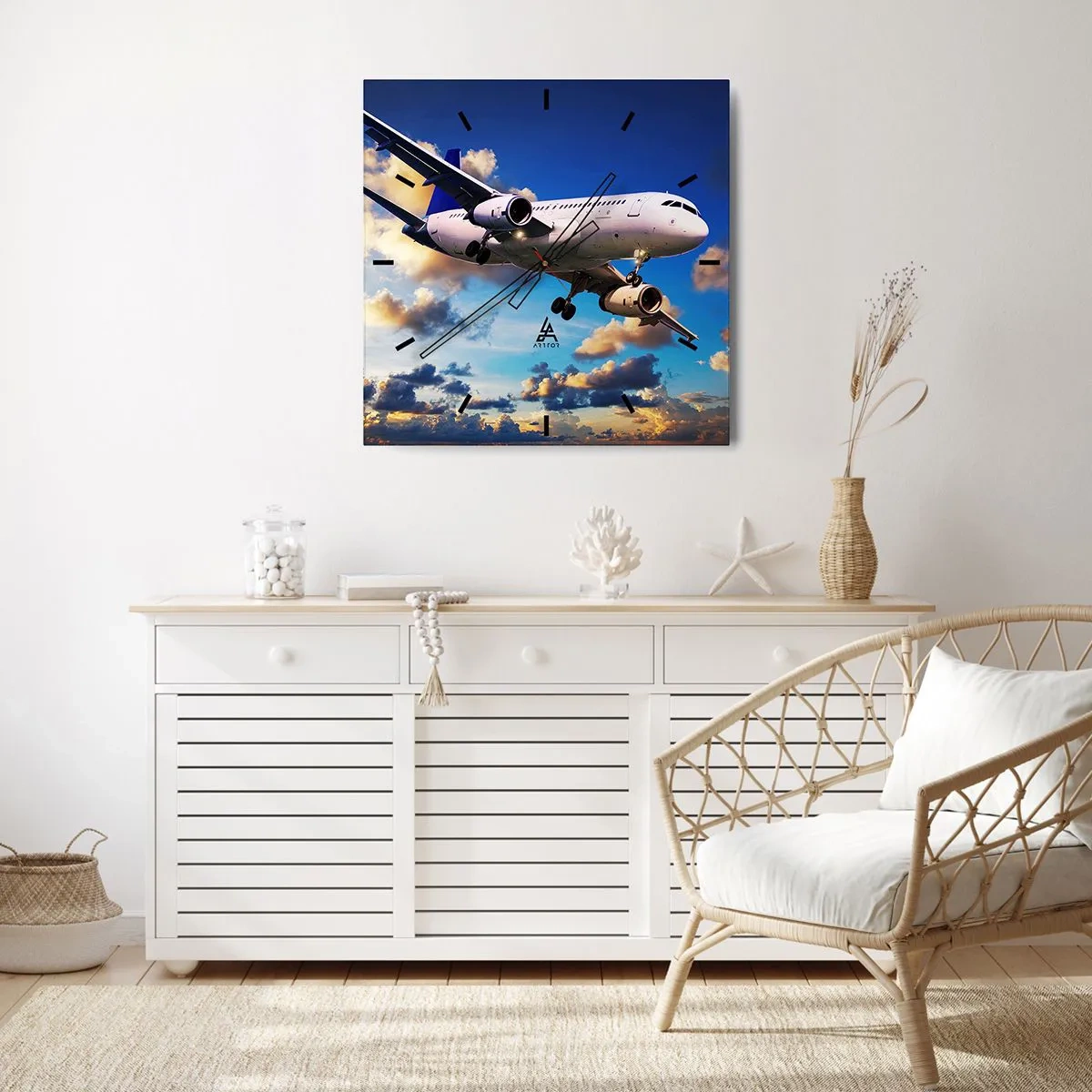 Wanduhr - Glasuhr - Ein Passagierflugzeug vor den Wolken bei Sonnenuntergang - 30x30cm - Eine Reise in Weiß und Blau - Moderne Wanddekoration für Wohnzimmer und Schlafzimmer ARTTOR