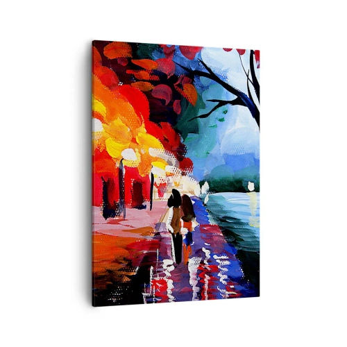 Bild auf Leinwand - Leinwandbild - Ein Herbstspaziergang entlang des Weges mit Blick auf das Wasser - 50x70cm - Strahlender Herbst im Park - Moderne Wanddekoration für Wohnzimmer und Schlafzimmer ARTTOR