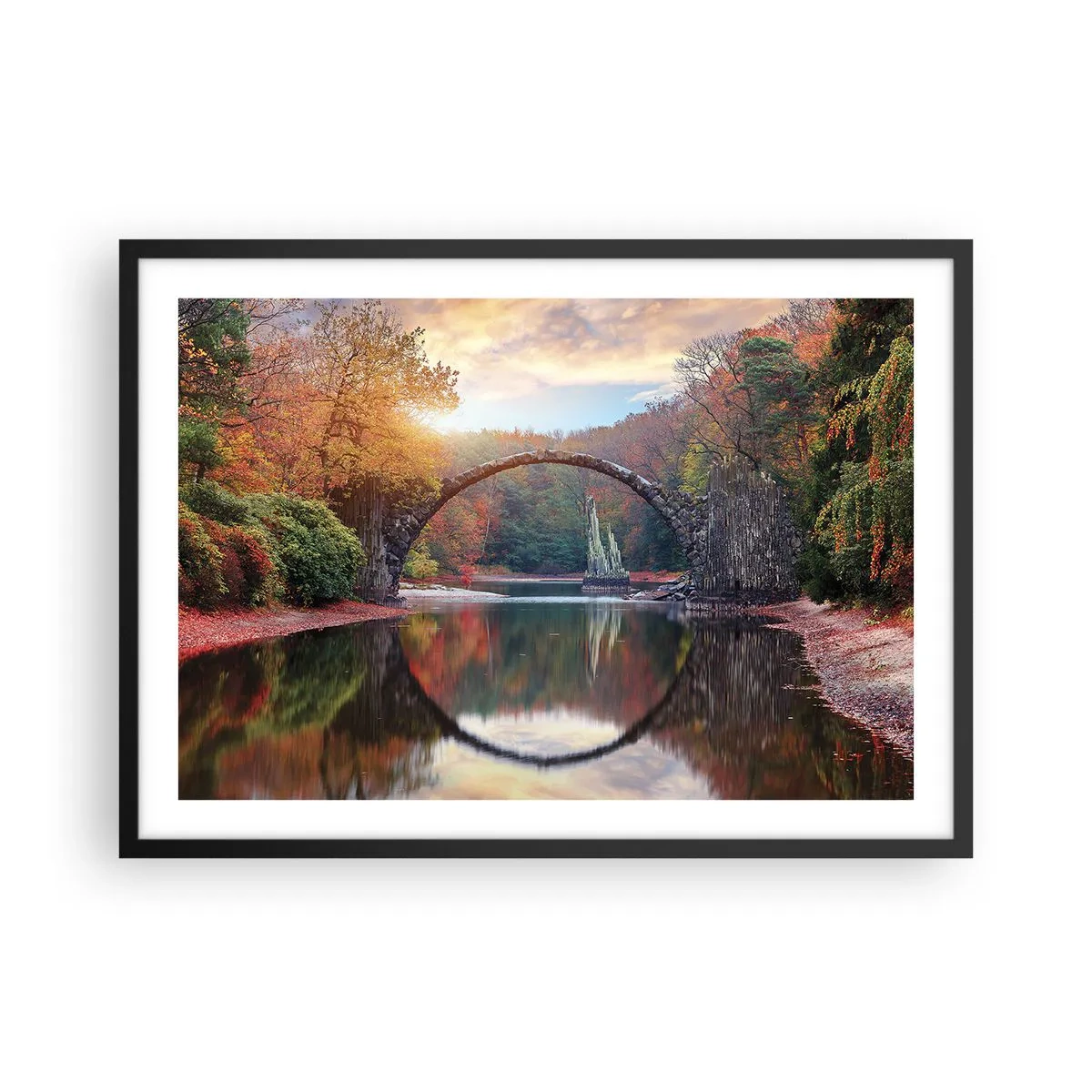 Poster in einem schwarzem Rahmen - Eine Steinbrücke in einer Herbstlandschaft über ruhigem Wasser - 70x50cm - Auf der anderen Seite des Spiegels - Moderne Wanddekoration für Wohnzimmer und Schlafzimmer ARTTOR