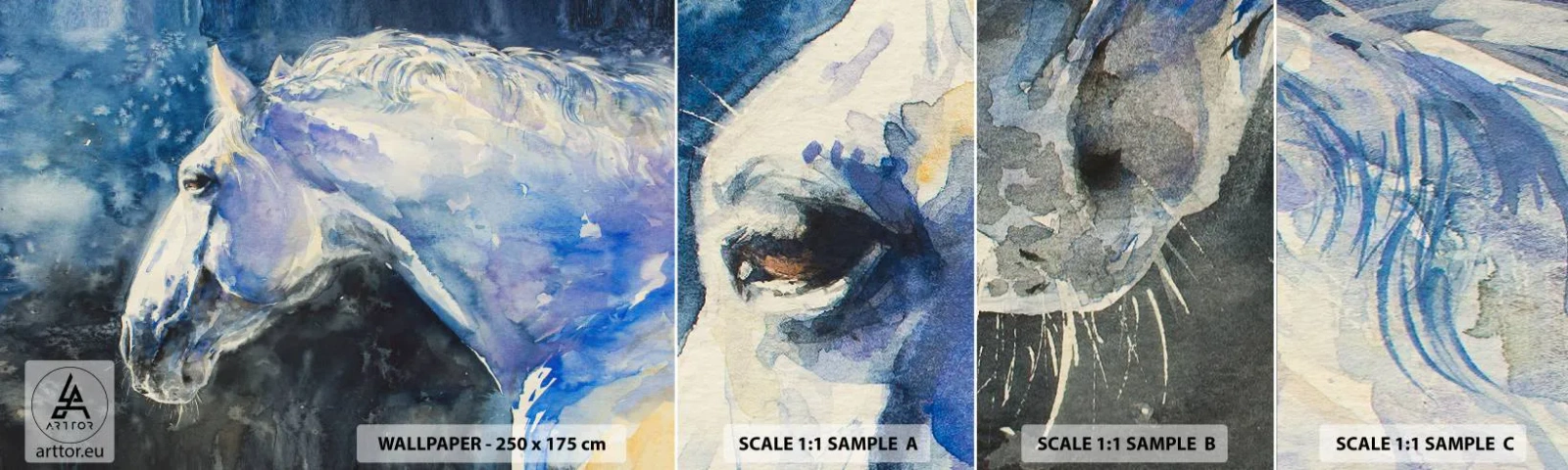 Fototapeten Muster Selbstklebend Deluxe Sticker - Porträt in blauem Glanz - Pferd, Malerei, Tiere - 100x30 cm